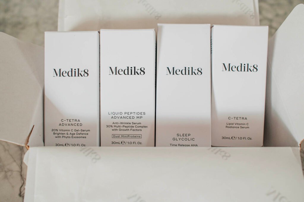 Various Medik8 products, including the C-Tetra Advanced, Liquid Peptides Advanced, Sleep Glycolic and C-Tetra