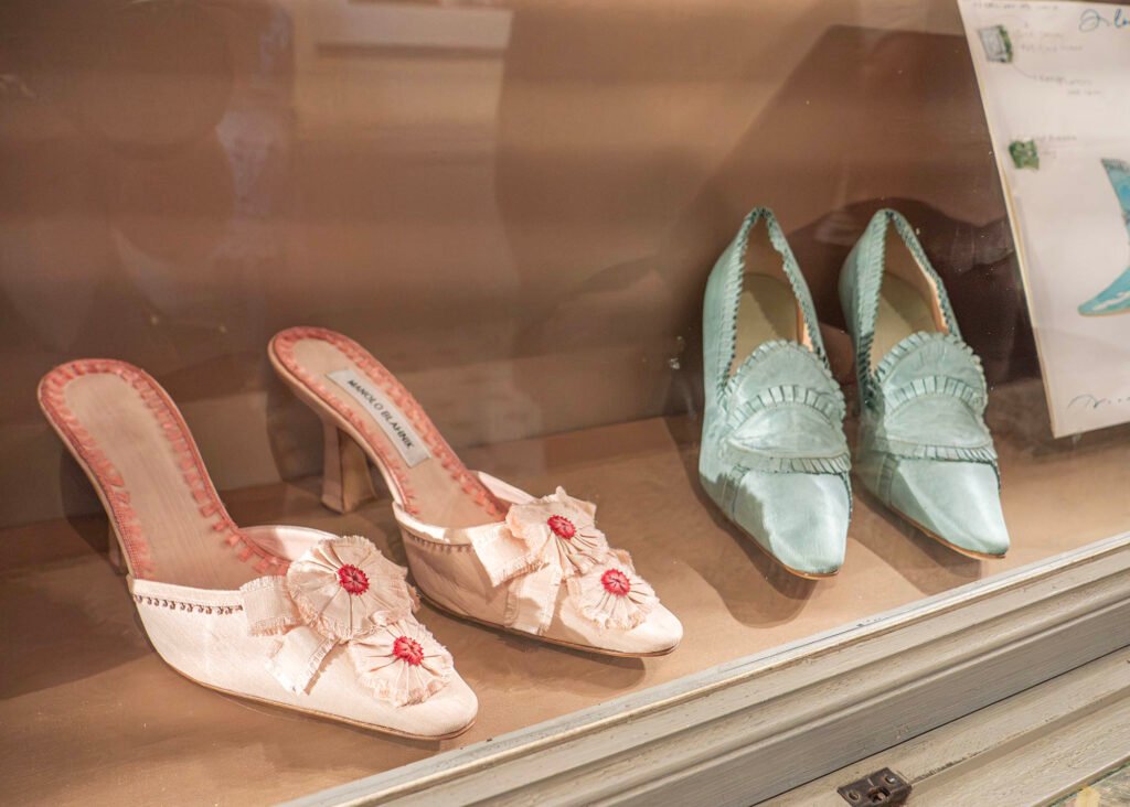 Manolo Blahnik shoes on display at the Petit Trianon at the 20th Anniversary Marie Antoinette by Sofia Coppola exhibition at Versailles
